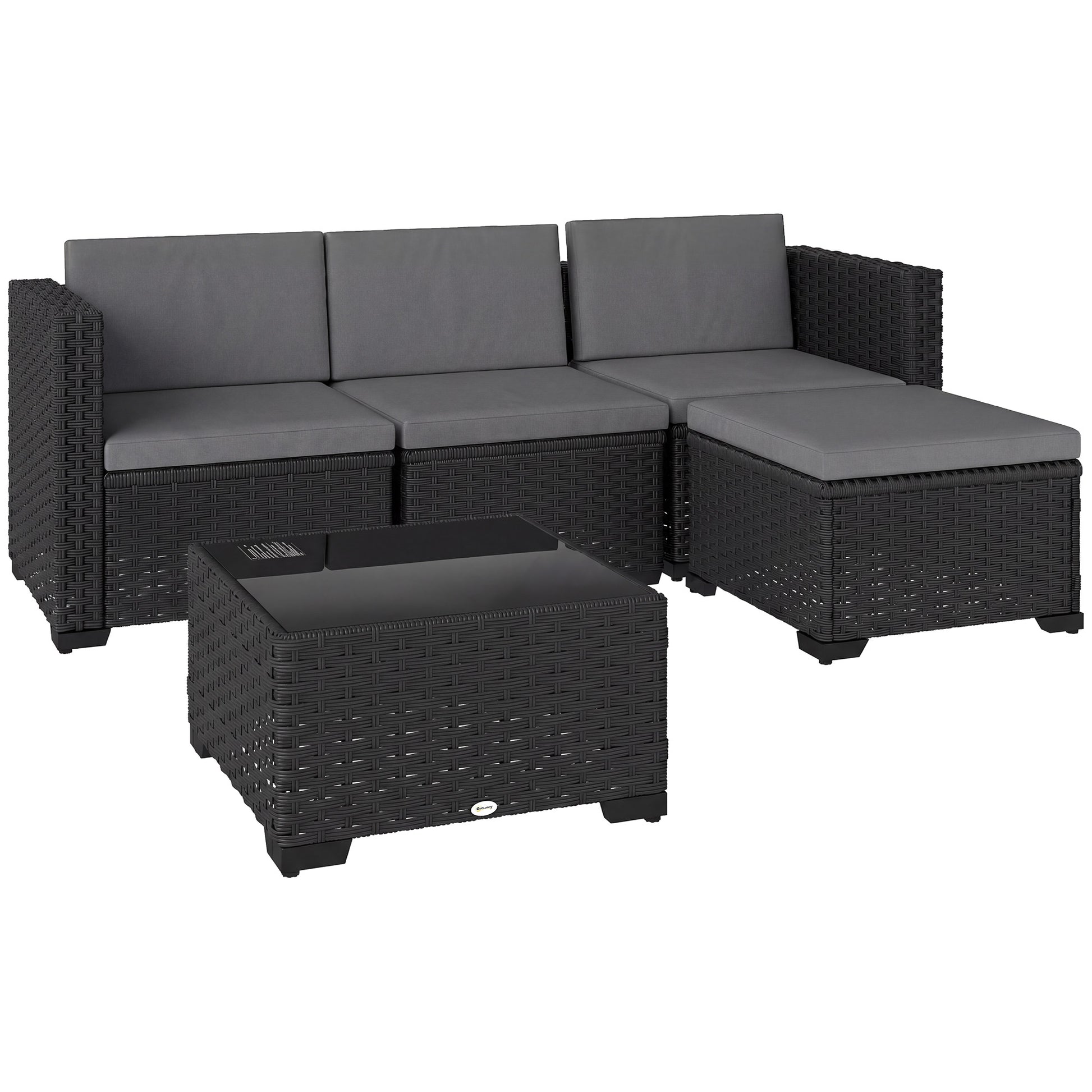 5 Piece Patio Furniture Set, L-Shape Wicker Outdoor Sectional with 3 Chairs, Ottoman, Glass Table, Cushions, Grey