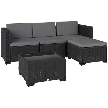 5 Piece Patio Furniture Set, L-Shape Wicker Outdoor Sectional with 3 Chairs, Ottoman, Glass Table, Cushions, Grey