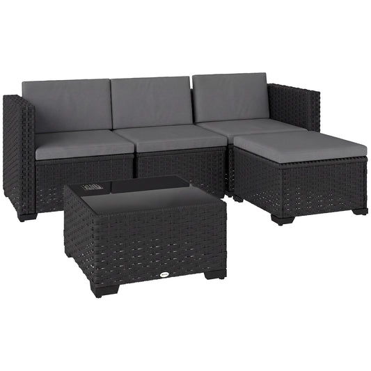 5 Piece Patio Furniture Set, L-Shape Wicker Outdoor Sectional with 3 Chairs, Ottoman, Glass Table, Cushions, Grey