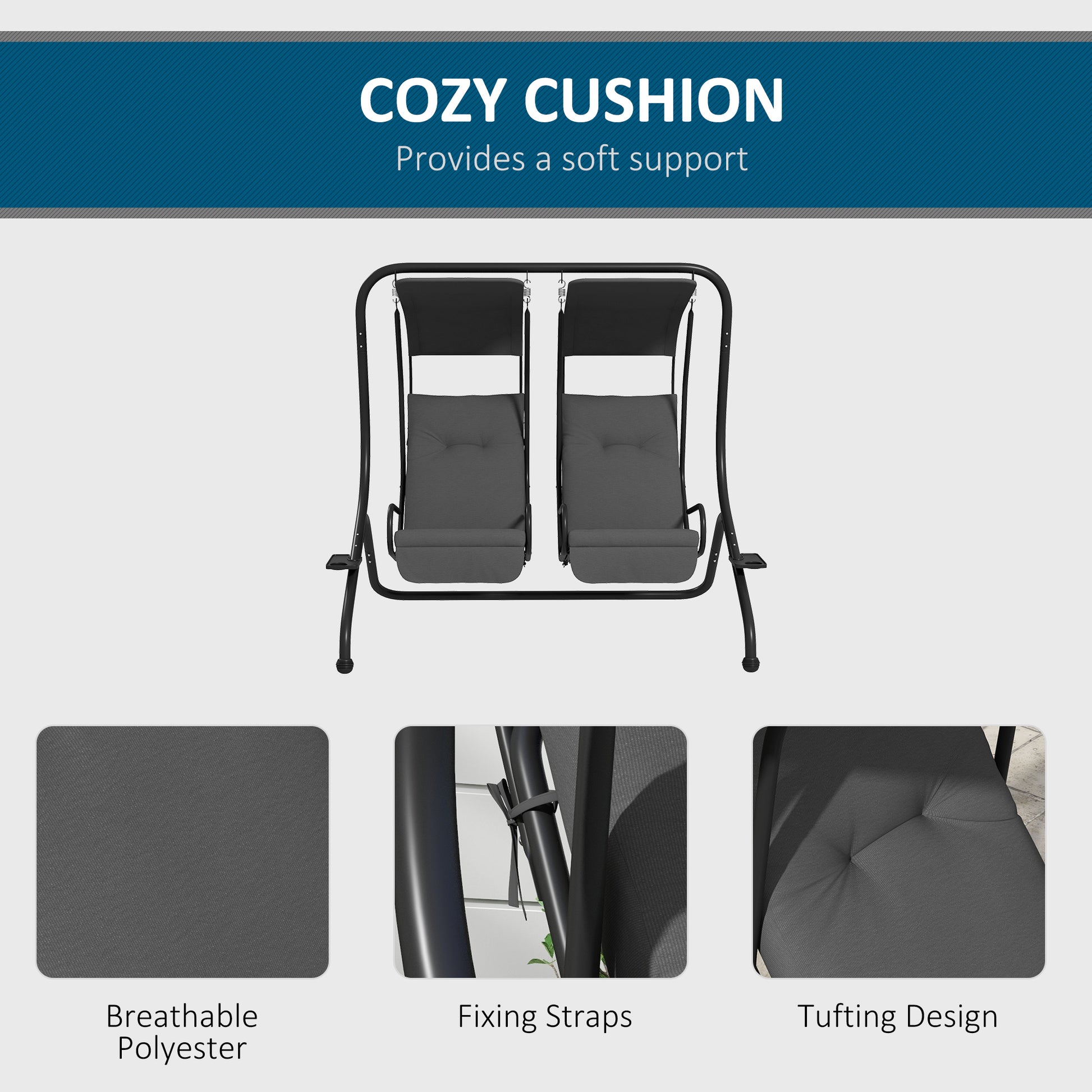 2-Seater Outdoor Porch Swing with Canopy, Patio Swing Chair for Garden, Poolside, Backyard, Grey