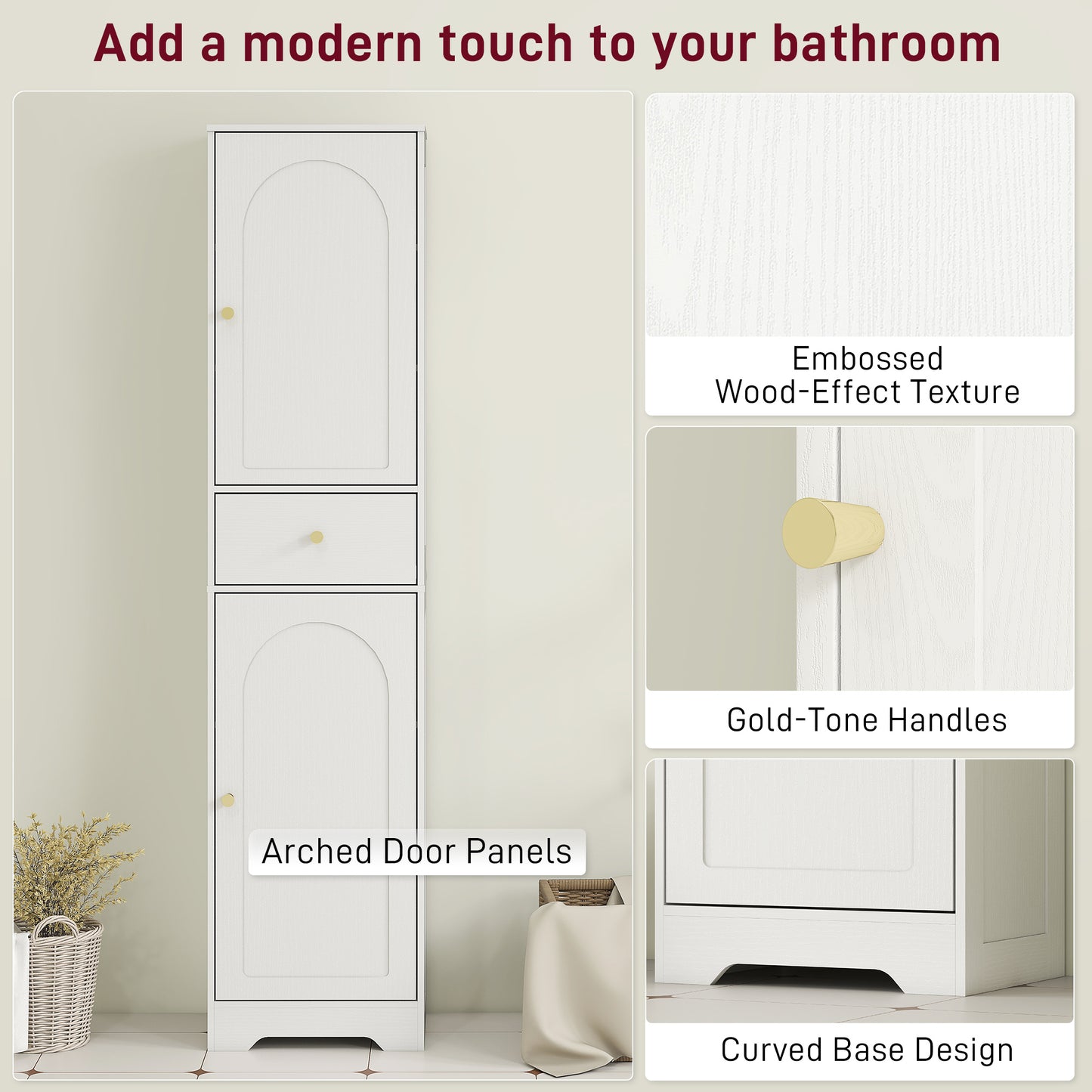67" Tall Bathroom Cabinet, Slim Bathroom Storage Cabinet with 2 Doors, Drawer and Adjustable Shelf, White Wood Grain
