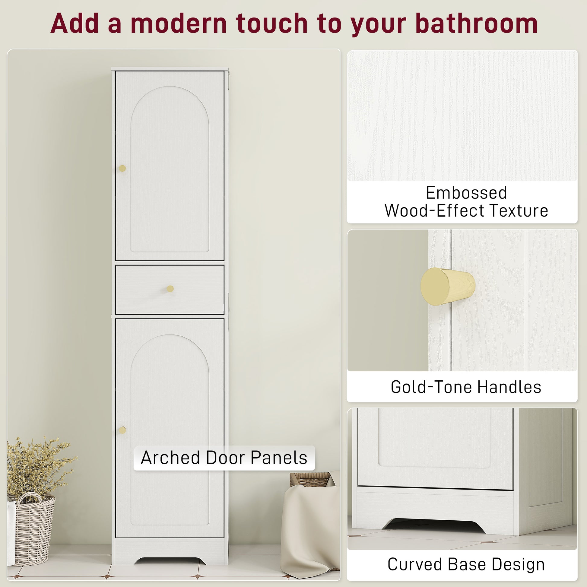 67" Tall Bathroom Cabinet, Slim Bathroom Storage Cabinet with 2 Doors, Drawer and Adjustable Shelf, White Wood Grain