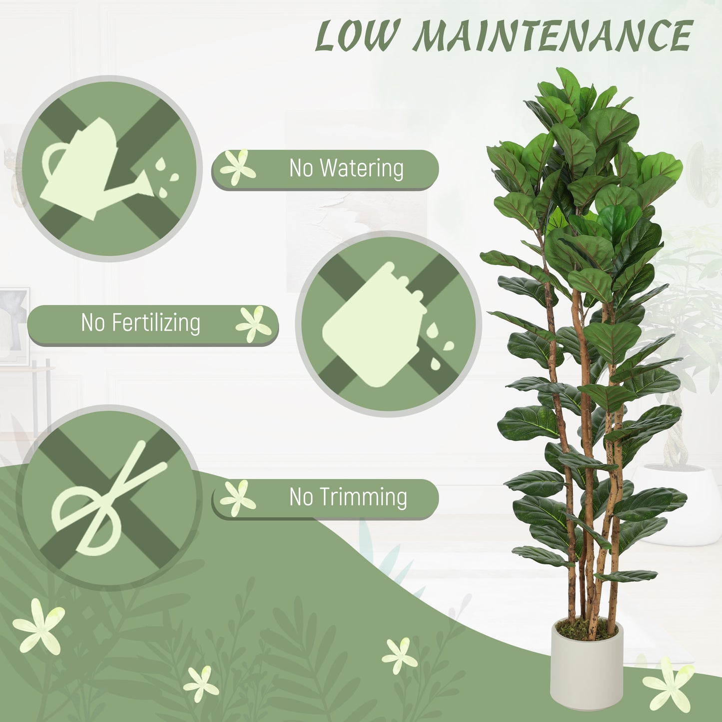 6FT Artificial Fiddle Leaf Fig Tree Set of 2, Fake Potted Tree with Solid Wood Trunks for Indoor Decor, Green