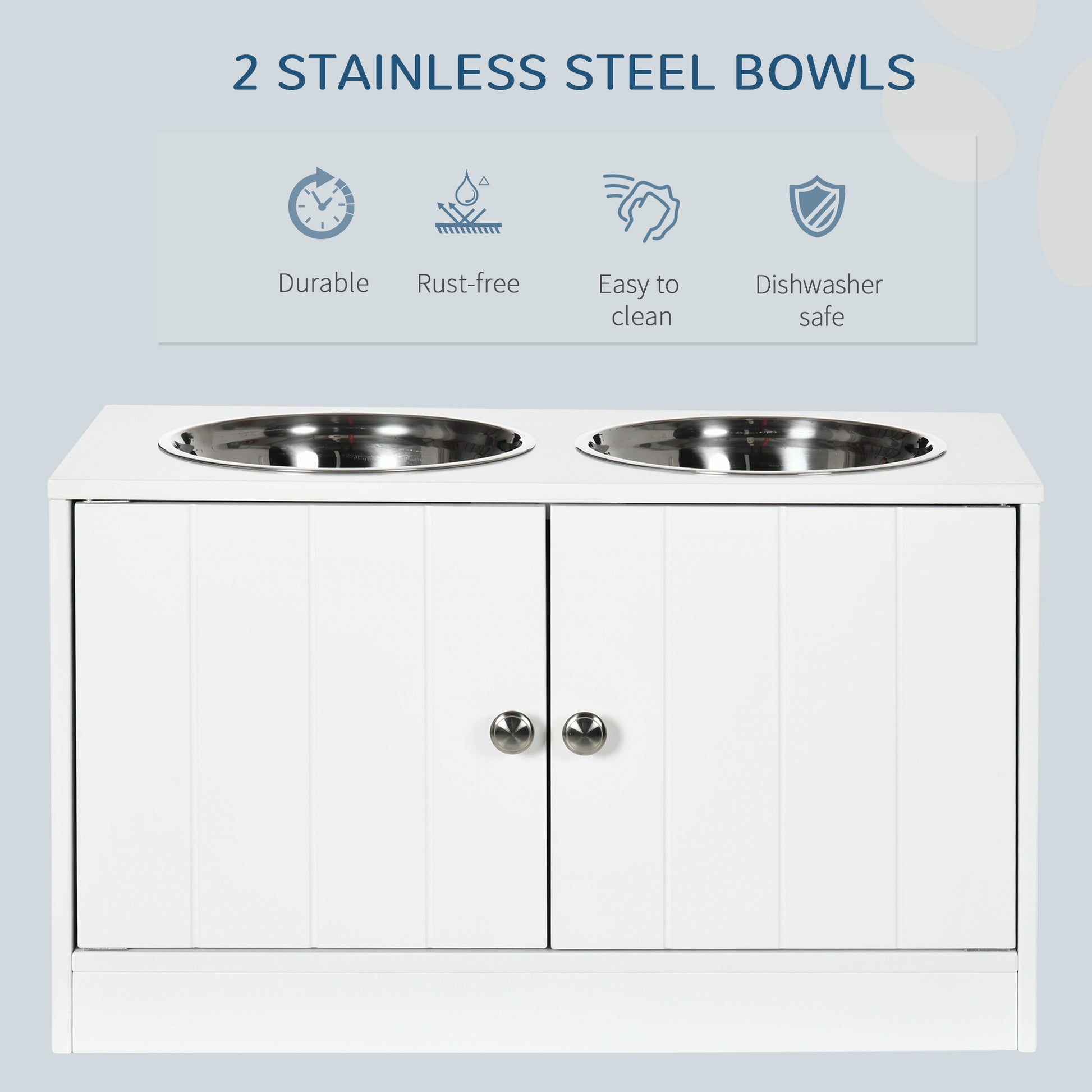 Elevated Dog Bowls for Large Dogs Pet Feeding Station with Stand, Storage, 2 Stainless Steel Food and Water Bowls, White, 23.6" x 11.8" x 14"
