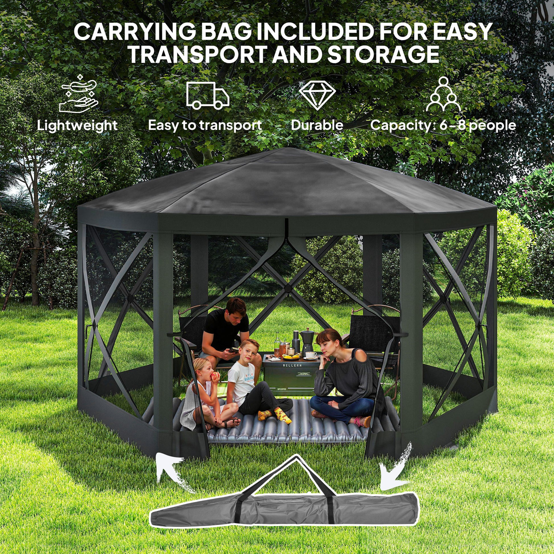12' x 12' Hexagon Automatic Pop Up Screen Tents, Camping Shelter w/ Mesh Sidewalls and Carry Bag Black