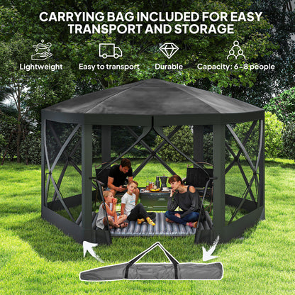 12' x 12' Hexagon Automatic Pop Up Screen Tents, Camping Shelter w/ Mesh Sidewalls and Carry Bag Black