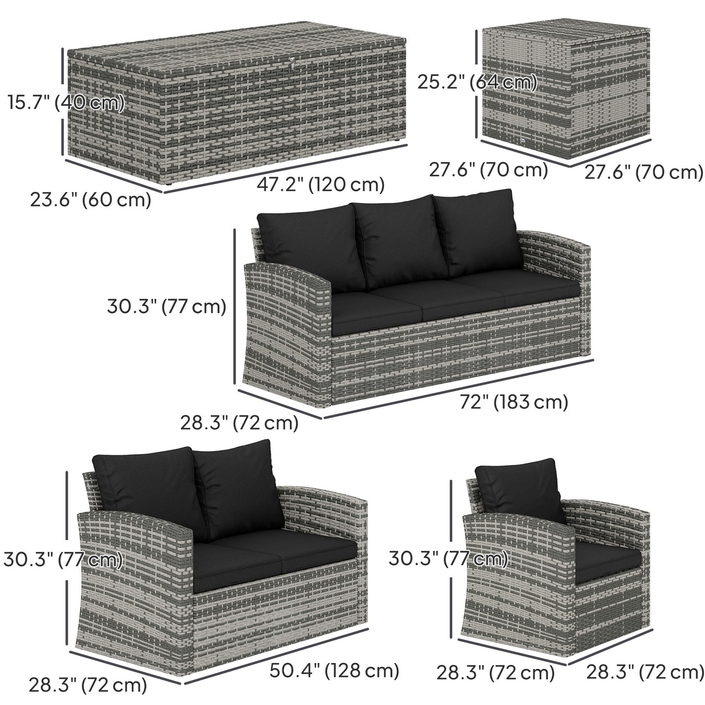 6 Pieces Wicker Patio Furniture Set with Cushions, 7-Seater Rattan Patio Sofa Set with Storage Coffee Table & Side Table, Sectional Outdoor Furniture Set, Black