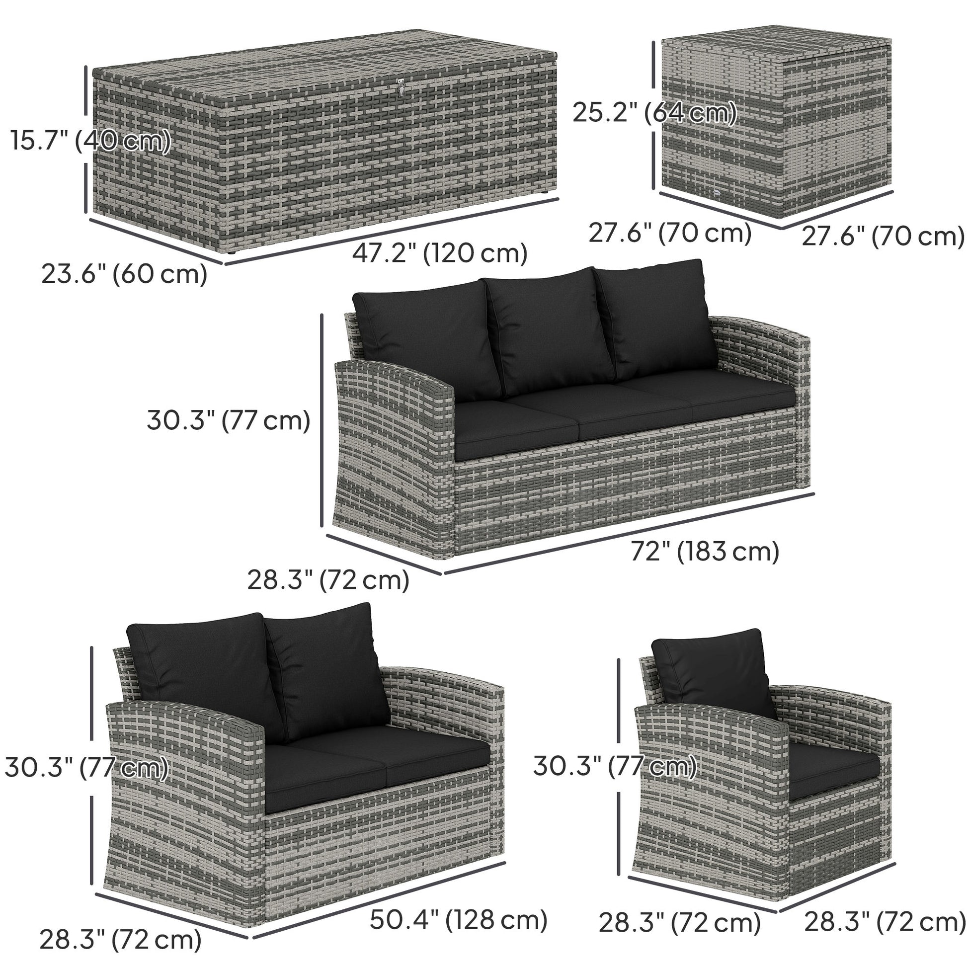 6 Pieces Wicker Patio Furniture Set with Cushions, 7-Seater Rattan Patio Sofa Set with Storage Coffee Table & Side Table, Sectional Outdoor Furniture Set, Black