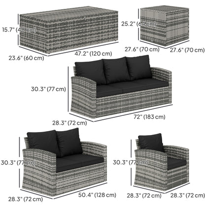 6 Pieces Wicker Patio Furniture Set with Cushions, 7-Seater Rattan Patio Sofa Set with Storage Coffee Table & Side Table, Sectional Outdoor Furniture Set, Black