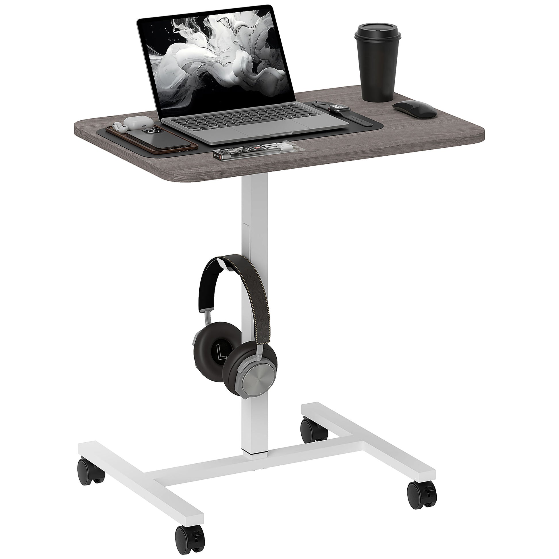 Height Adjustable Standing Desk, Pneumatic Sit Stand Desk with Wheels and Headphone Hook, Grey Wood Grain