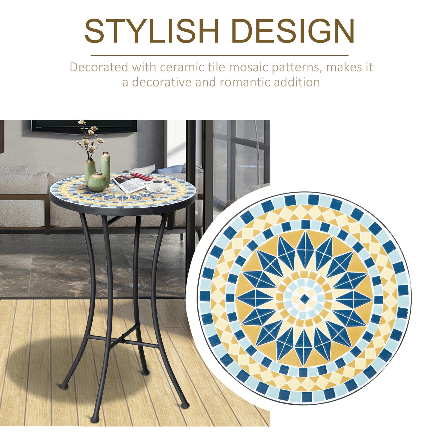 Mosaic Patio Table, Round Coffee Table with Metal Frame, Garden Furniture for Outdoor, Poolside, Yellow