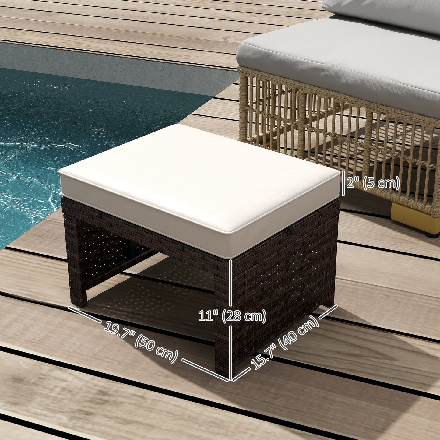 2 Pieces Wicker Outdoor Ottomans with Removable Cushions, Rattan Outdoor Seating, Footrest and Side Table, Khaki