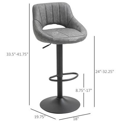 Bar Stools Set of 2, Swivel Counter Height Barstools with Adjustable Height and Cutout Back, Faux Leather Upholstered Bar Chairs with Round Metal Base and Footrest, Grey