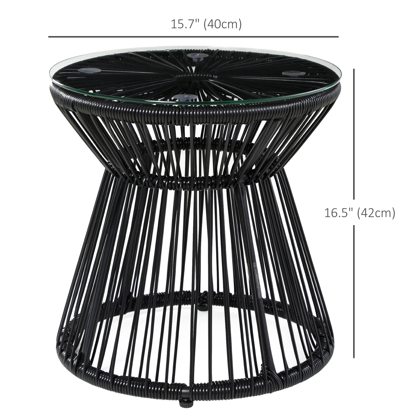 Round End Table, Rattan Side Table, Hollow Drum Design Coffee Table w/ Glass Tabletop for Patio, Garden, Balcony, Black