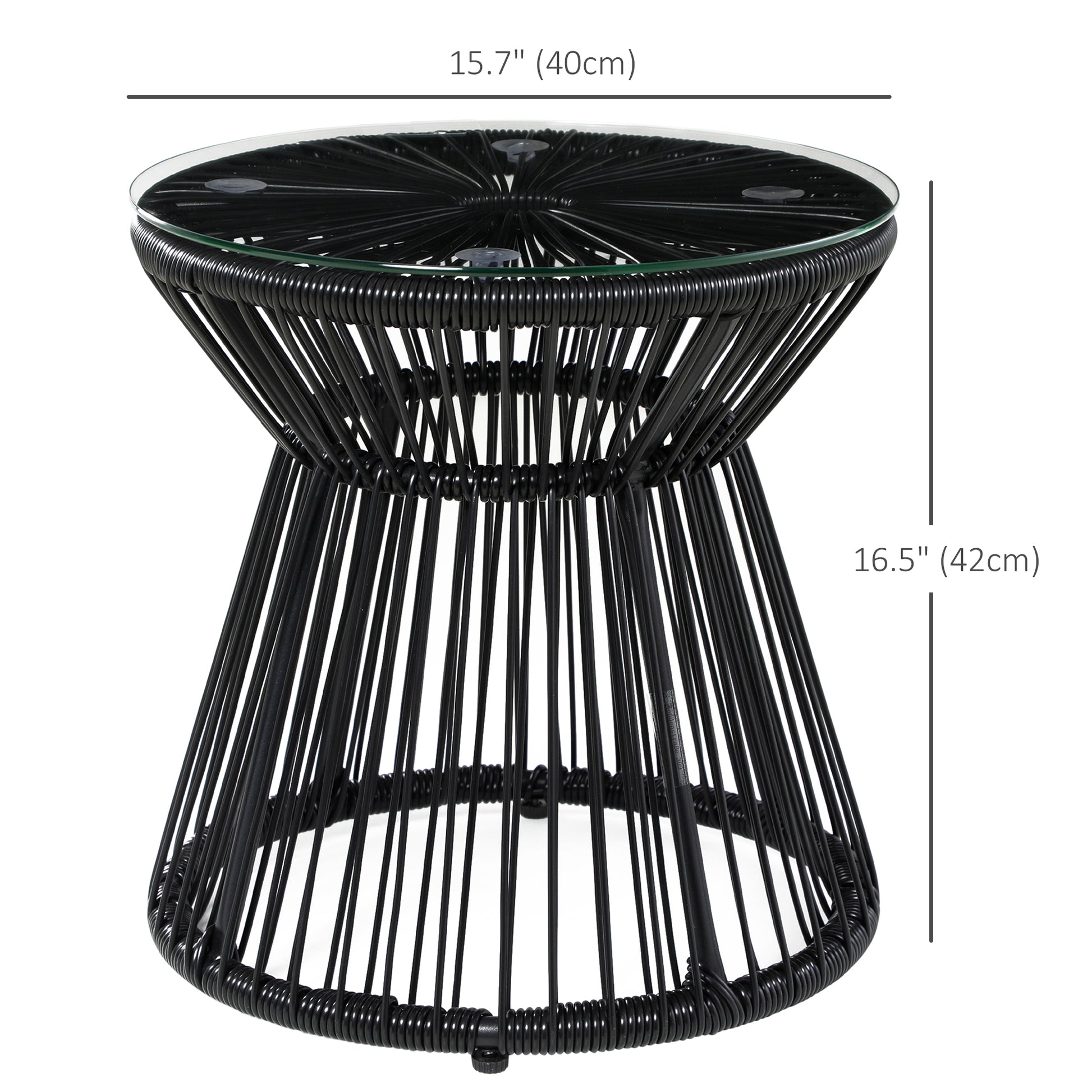 Round End Table, Rattan Side Table, Hollow Drum Design Coffee Table w/ Glass Tabletop for Patio, Garden, Balcony, Black