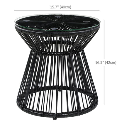 Round End Table, Rattan Side Table, Hollow Drum Design Coffee Table w/ Glass Tabletop for Patio, Garden, Balcony, Black