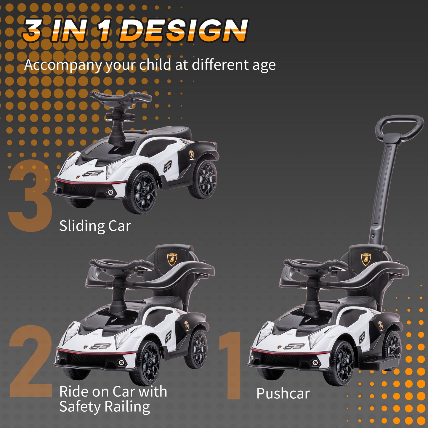 Aosom 3 in 1 Ride on Push Car for Toddlers, Licensed Kids Sliding Car with Safety Protection Footrest Horn, White