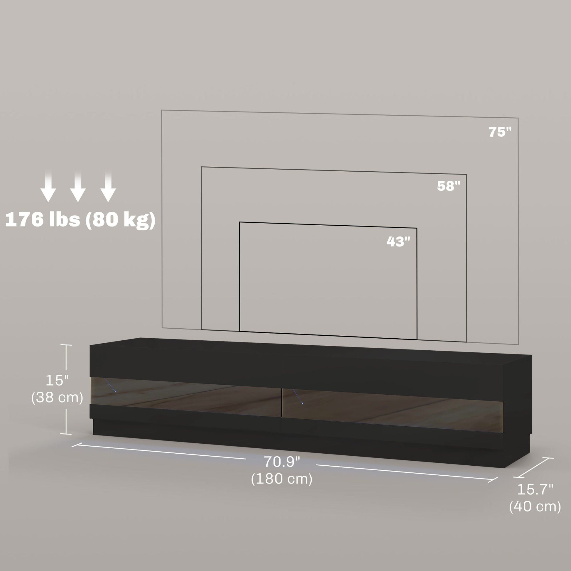 Lighted TV Stand for TVs up to 75", TV Cabinet with Storage for Living Room, High Gloss Black
