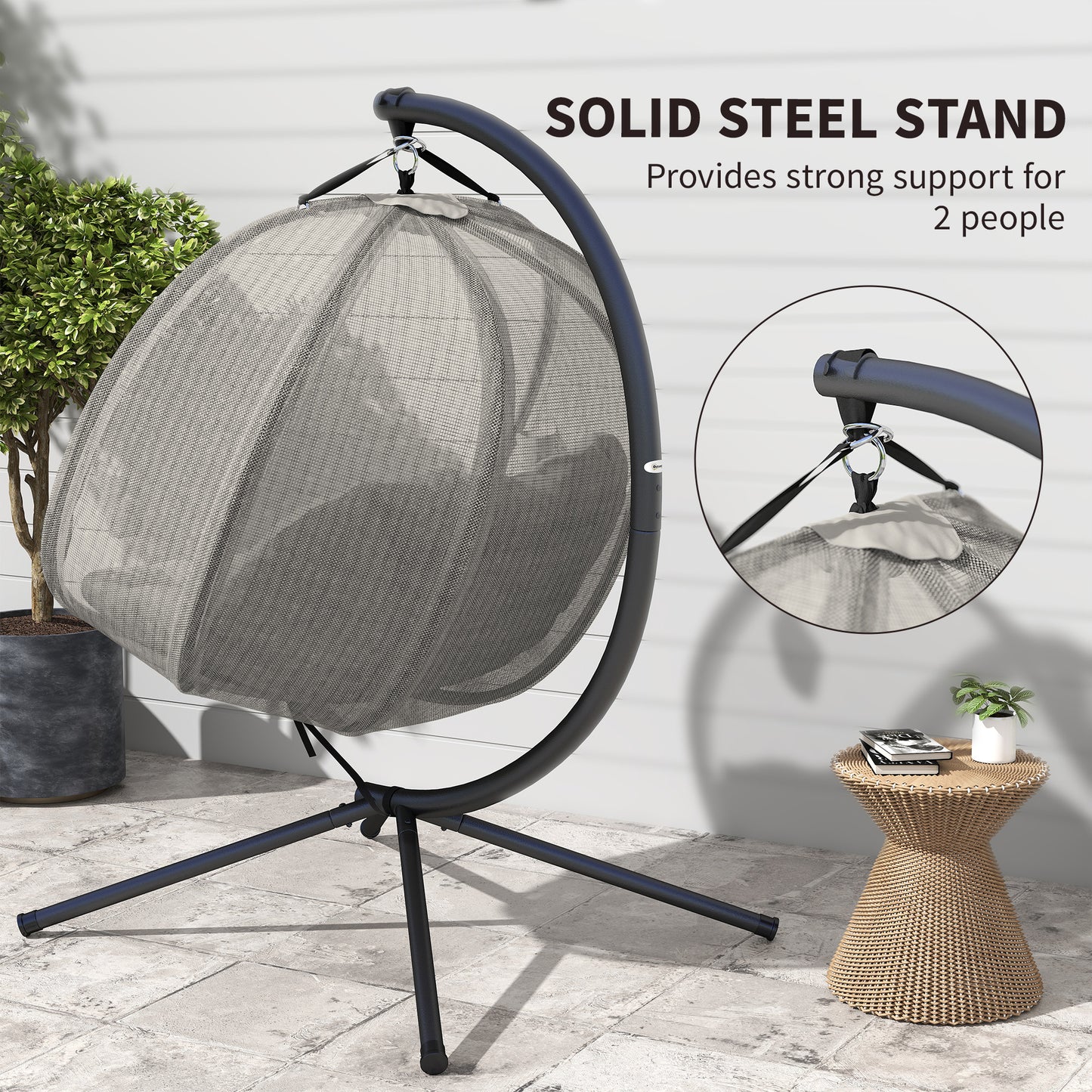 Double Egg Chair with Stand, 2 Person Hanging Swing Egg Chair with Cushion, Pockets, Khaki