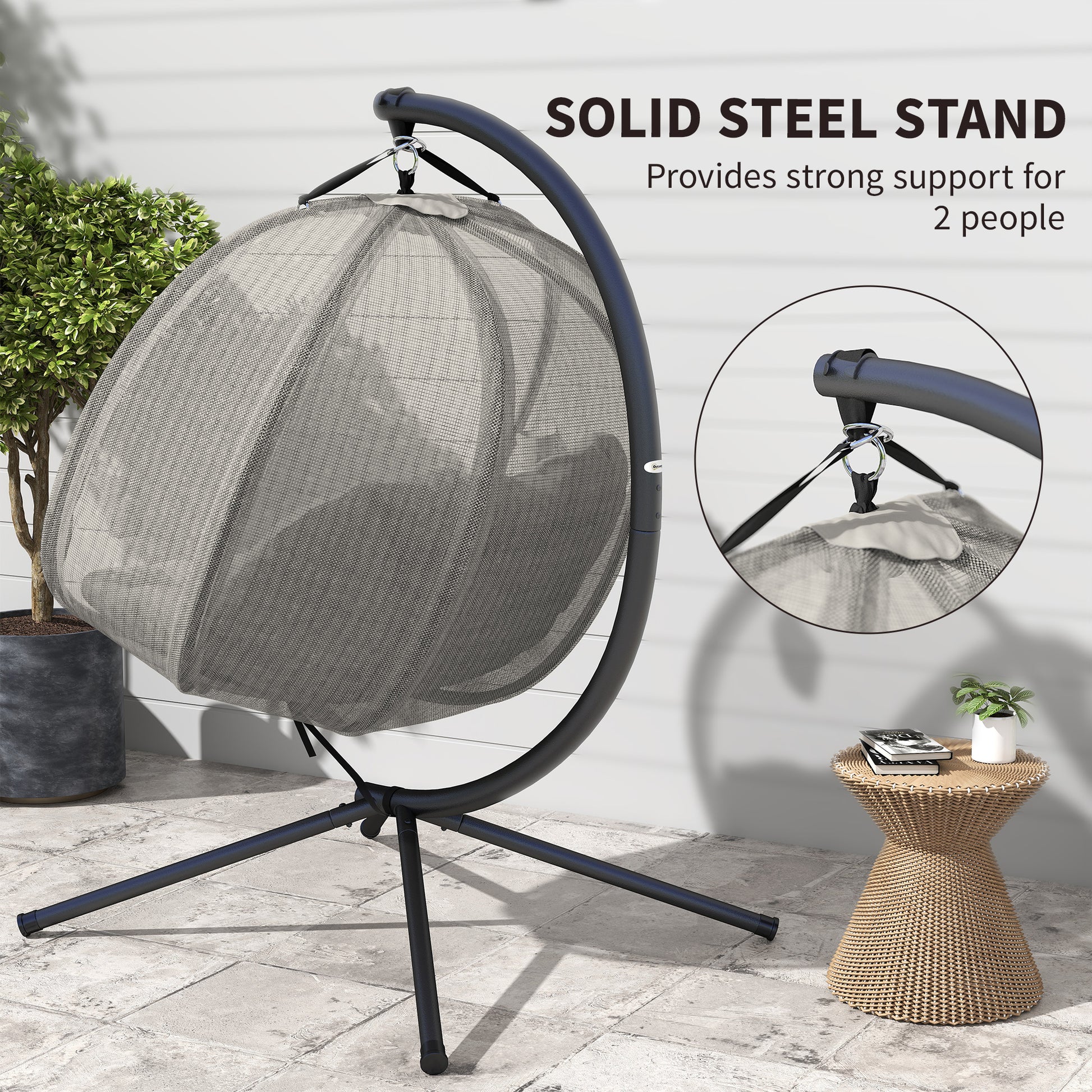 Double Egg Chair with Stand, 2 Person Hanging Swing Egg Chair with Cushion, Pockets, Khaki