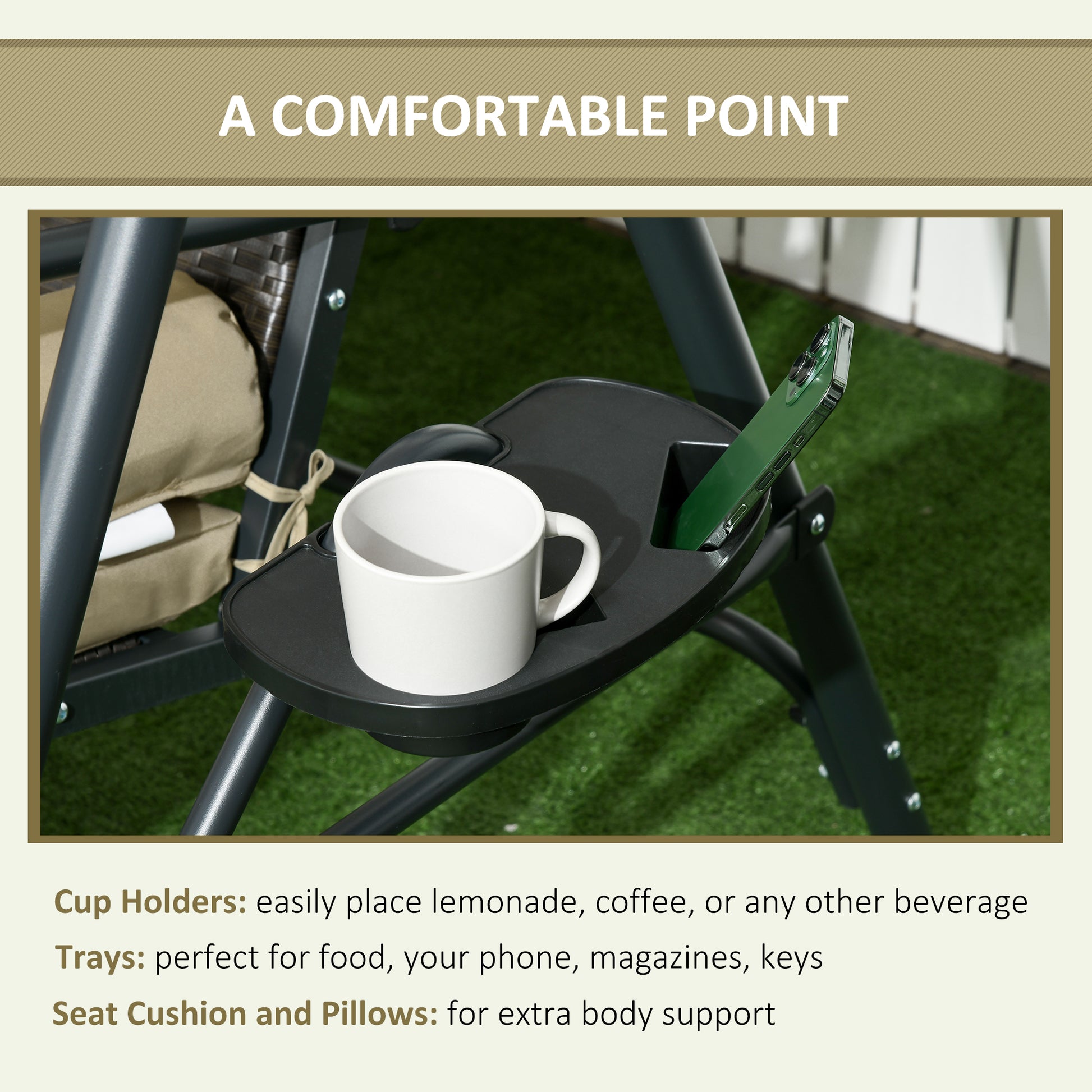 Outdoor 3-Seat Porch Swing with Canopy, Rattan Seat, Removable Cushion, Pillows and Steel Frame