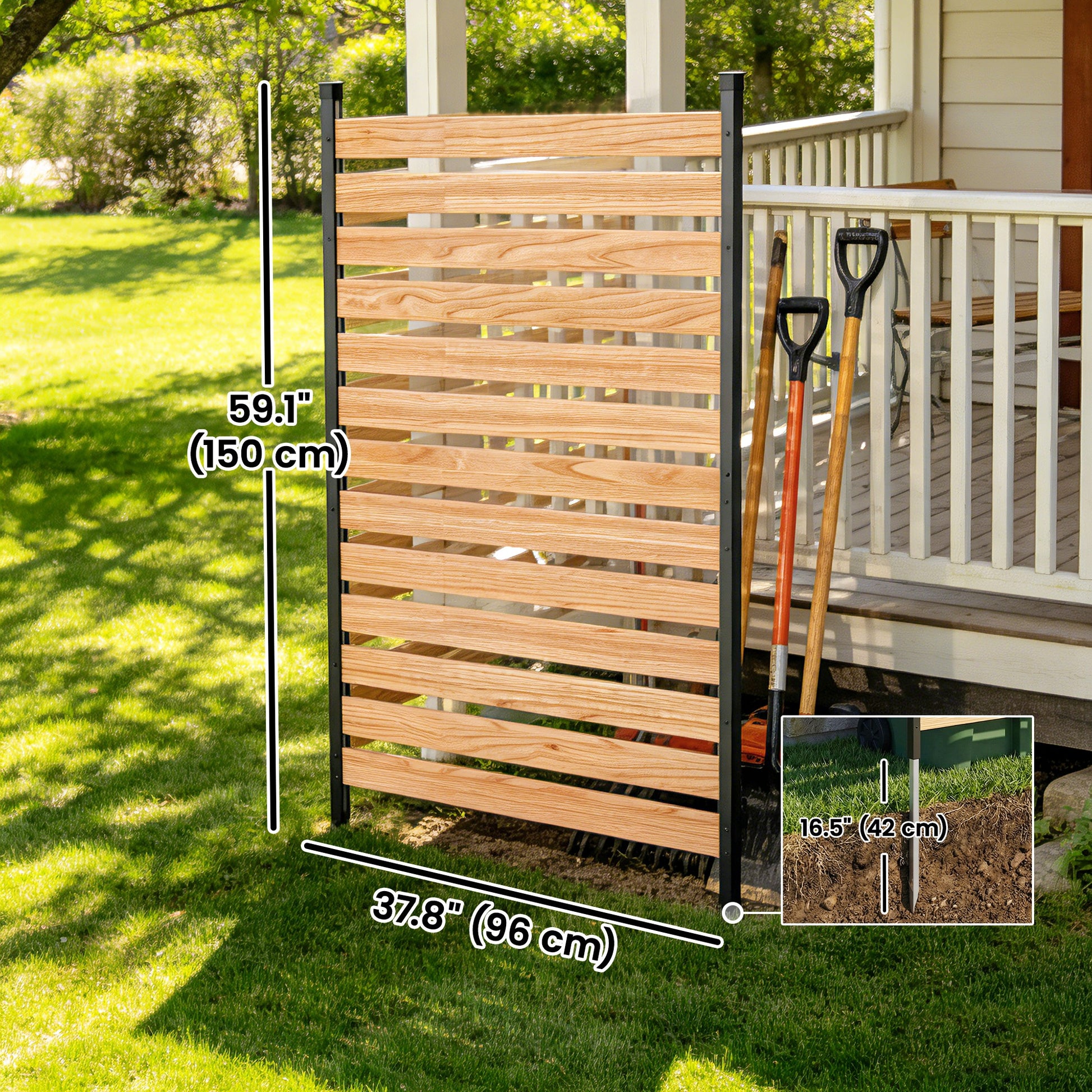 Privacy Screen Panel, 38" x 76" No Dig Space Divider with Fir Wood Planks and Aluminum Posts, Great to Hide Trash Cans