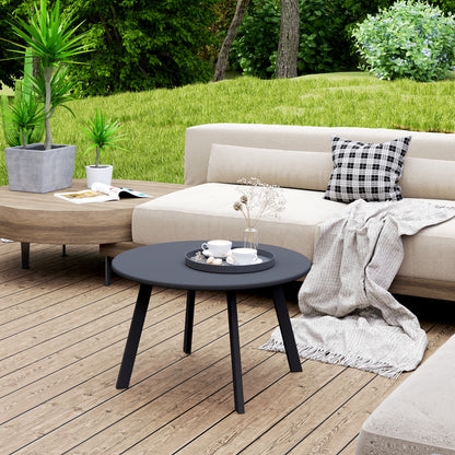 Round Outdoor Side Table, Patio Coffee Table with Metal Frame and Non-Slip Foot Pads, Charcoal Grey