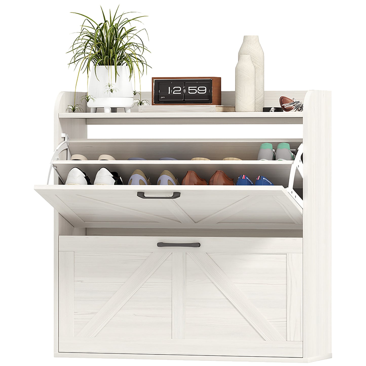 Narrow Shoe Storage Cabinet, Farmhouse Slim Shoe Cabinet with 2 Flip Drawers, Adjustable Shelves, White Oak