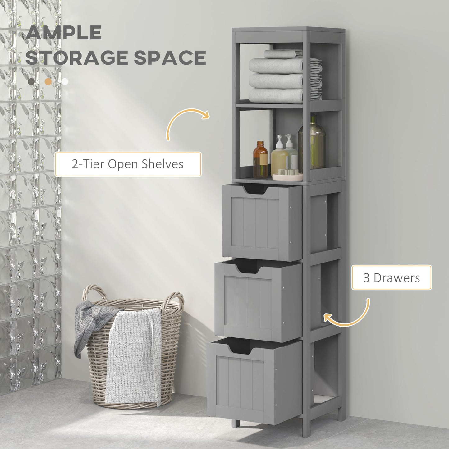 Narrow Bathroom Cabinet with 3 Drawers and 2 Tier Shelf, Tall Cupboard Freestanding Linen Tower, Grey