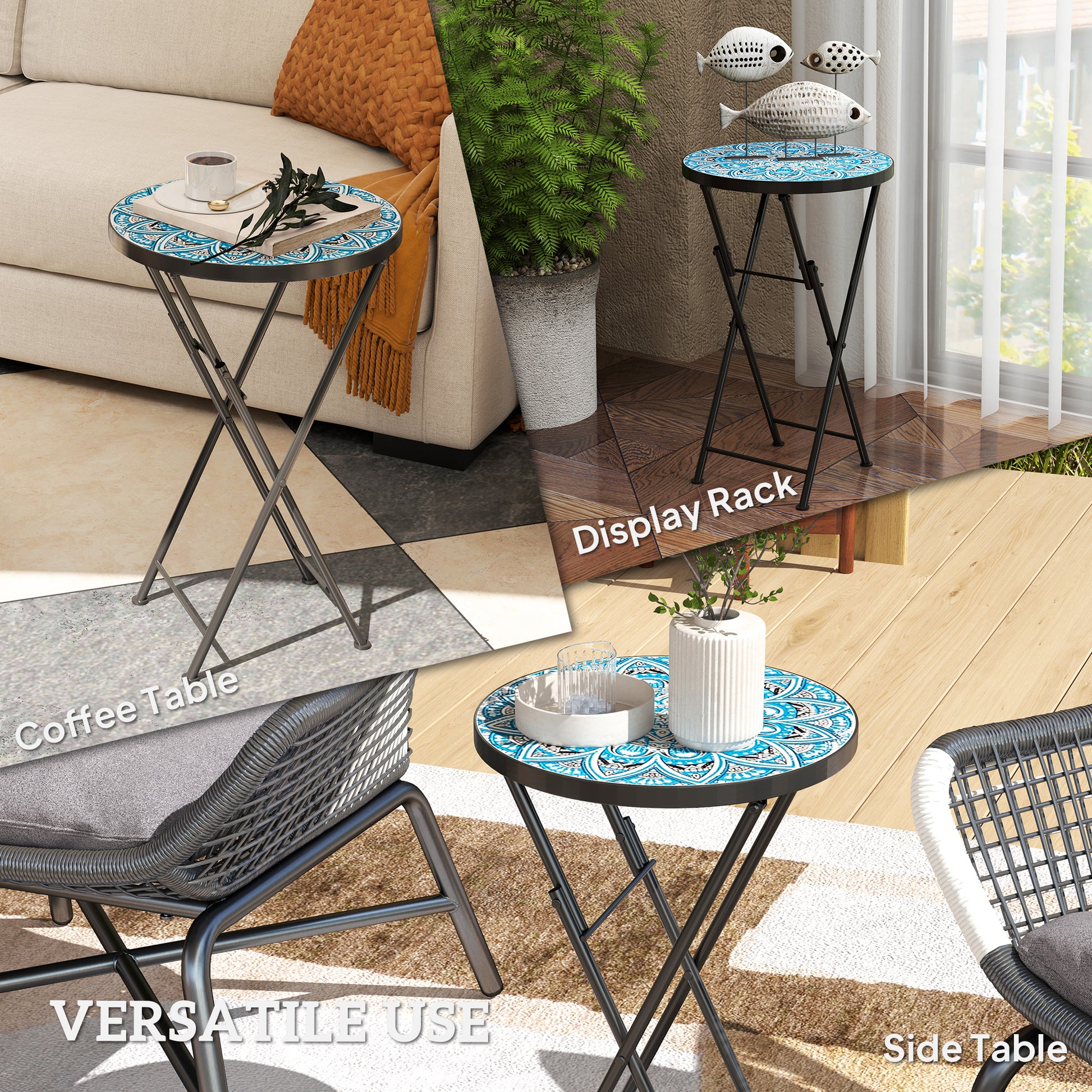 Mosaic Outdoor Patio Side Table, 14" Round Folding Outdoor Coffee Table with Steel Frame for Balcony Deck Patio Terrace, Blue