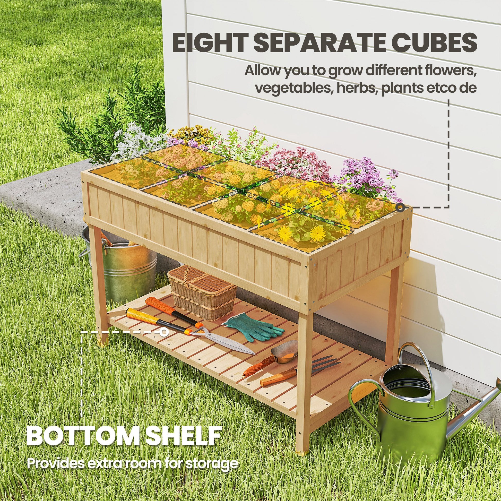 43.25" x 18" x 30" Raised Garden Bed, Wooden Plant Stand with 8 Grid Box, Storage Shelf for Outdoor, Natural Wood Colour