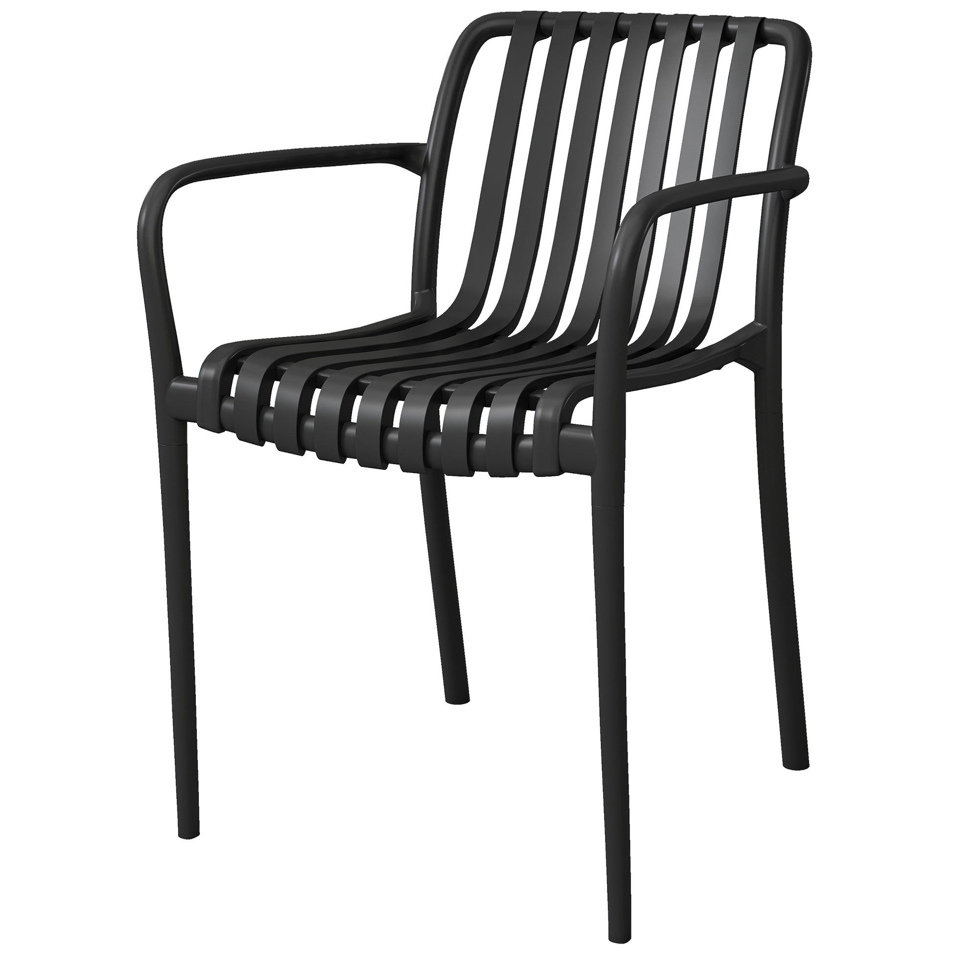 Stackable Patio Chairs Set of 4, Outdoor Dining Chairs with Slatted Seat, Curved Backrest, Armrests, Black