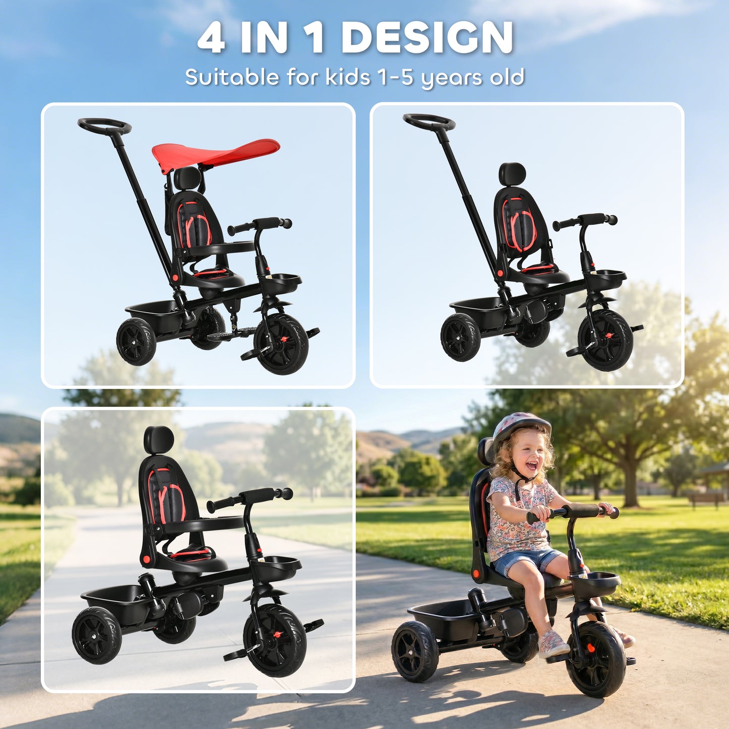 Qaba Kids Tricycle 4 In 1 Trike with Reversible Angle Adjustable Seat Removable Handle Canopy Handrail Belt Storage Footrest Brake Clutch for 1-5 Years Old Red