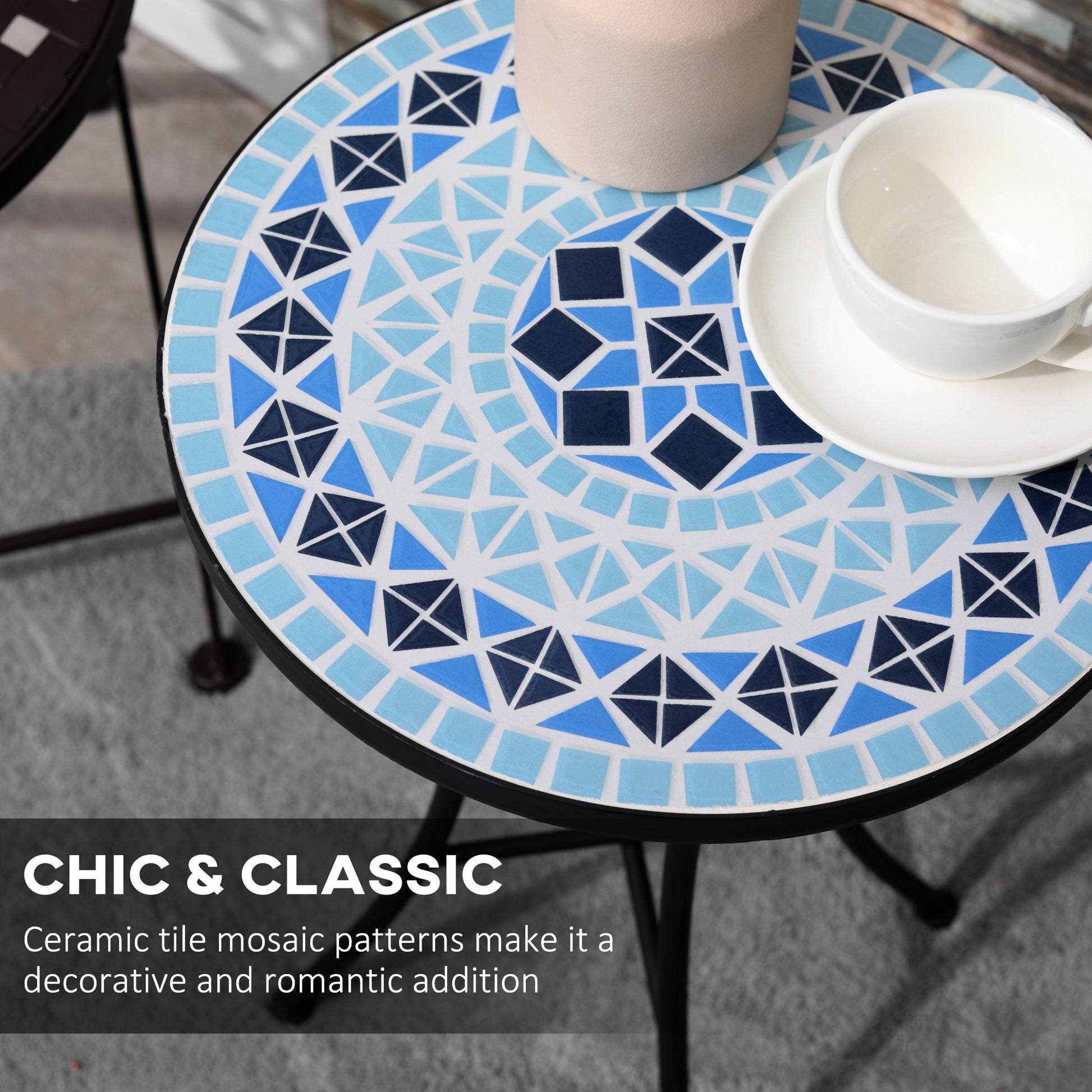 Mosaic Patio Table, Round Coffee Table with Metal Frame, Garden Furniture for Outdoor, Poolside, Blue