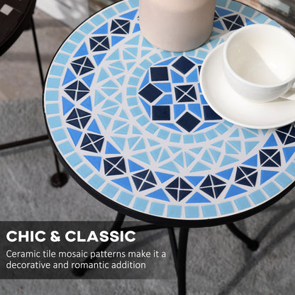 Mosaic Patio Table, Round Coffee Table with Metal Frame, Garden Furniture for Outdoor, Poolside, Blue