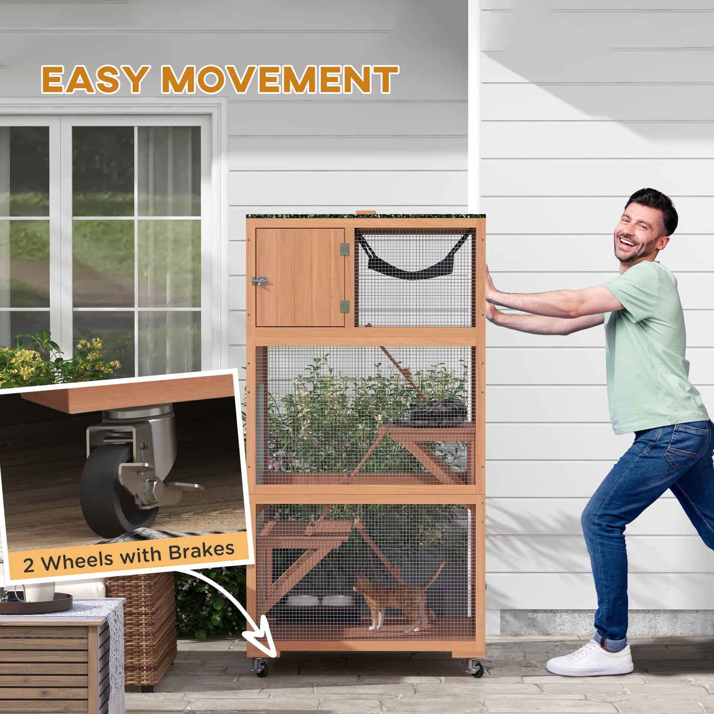 34" L Catio Outdoor Cat Enclosure on Wheels with Hammock Multiple Platforms Resting Condo Ramps, for 1-3 Cats, Orange