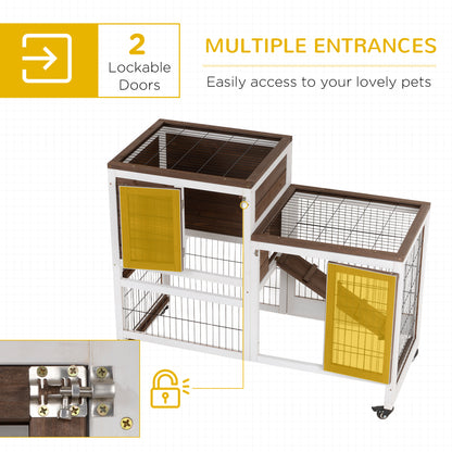 Wooden Rabbit Hutch, Indoor Bunny Cage with Wheels, Pull Out Trays, Run, Brown
