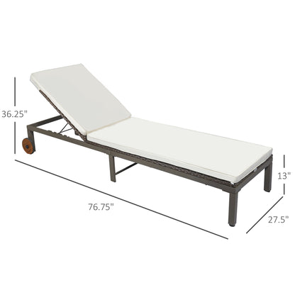 Patio Rattan Sun Lounger with 4-Level Adjustable Backrest and Wheels, Wicker Chaise Lounge Chair with Cushion, for Patio, Deck, Poolside Cream White