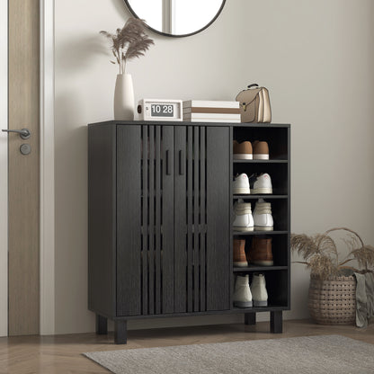 Shoe Storage with Double Doors and Open Shelves 17 Pair Shoe Storage Organizer for Entryway Hallway Black