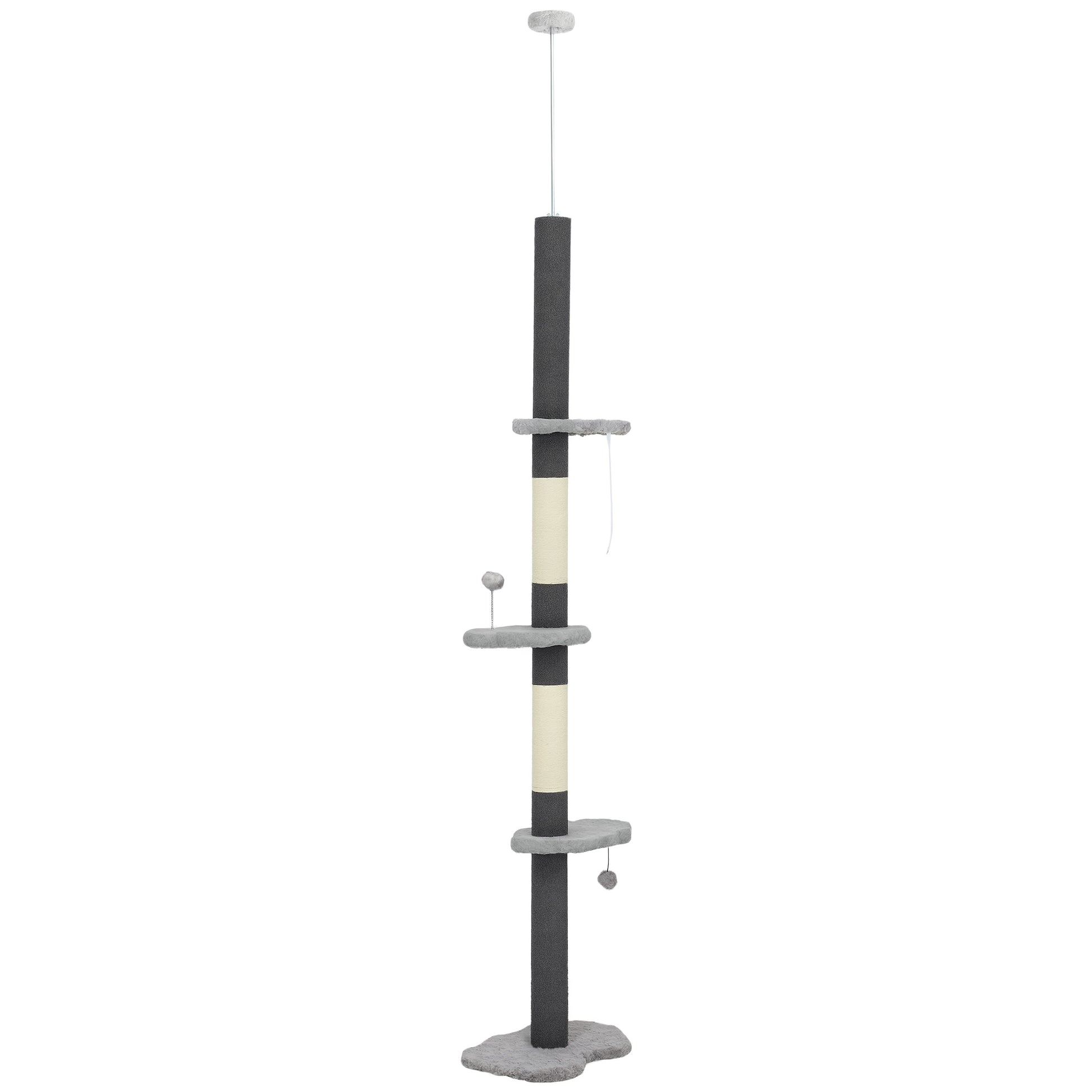 88.5"-100.5" Floor to Ceiling Cat Tree, Cat Tower with Scratching Posts, Cloud Shaped Platforms, Dangling Balls, Grey