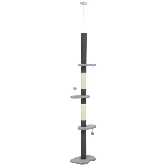 88.5"-100.5" Floor to Ceiling Cat Tree, Cat Tower with Scratching Posts, Cloud Shaped Platforms, Dangling Balls, Grey