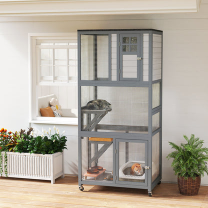74" Wooden Outdoor Cat House Weatherproof & Wheeled with High Weight Capacity, Kitten Cage Condo, Light Grey