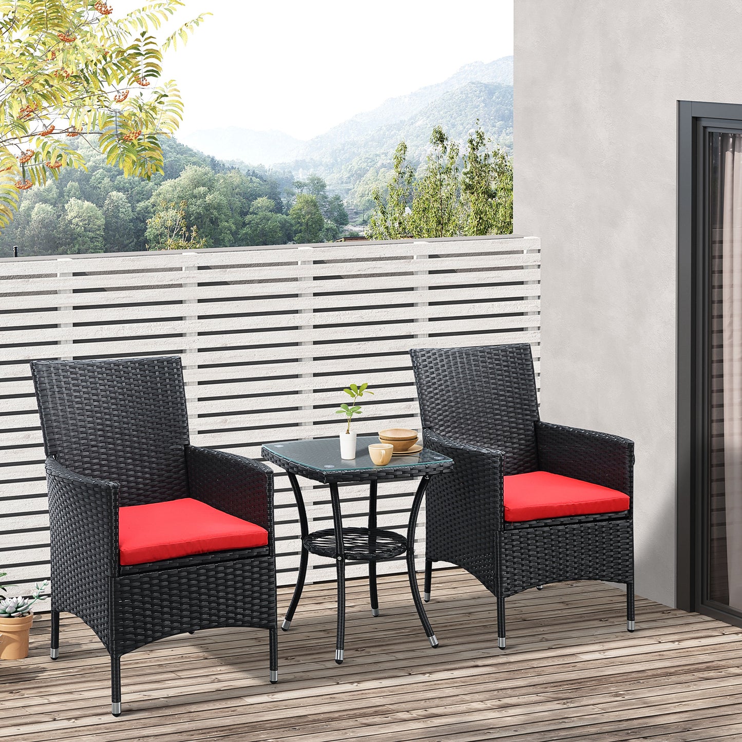 3 Pieces Wicker Patio Furniture Set, Rattan Bistro Set with Glass Top Coffee Table and Cushions, Outdoor Conversation Set for Garden, Porch, Balcony, Red