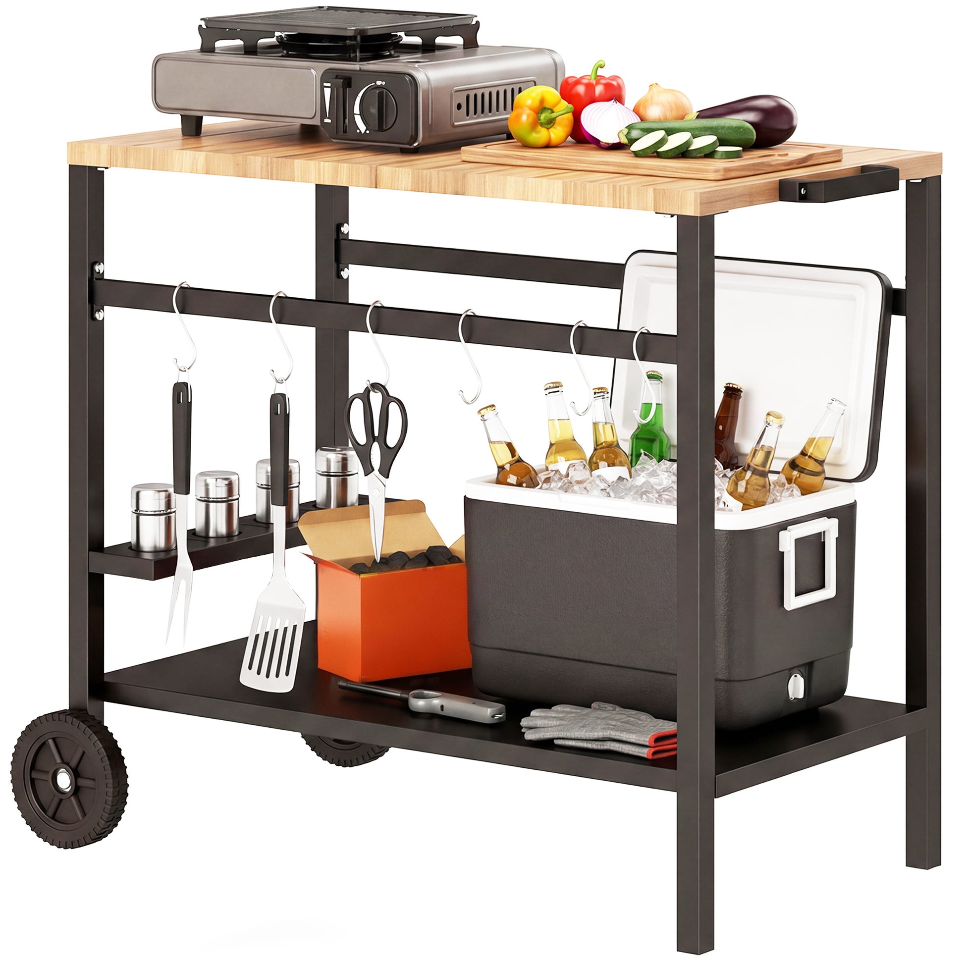 Outdoor Grill Cart, 2-Tier Pizza Oven Stand, BBQ Stand with Beverage Holder, Hooks, Wheels, Black and Brown