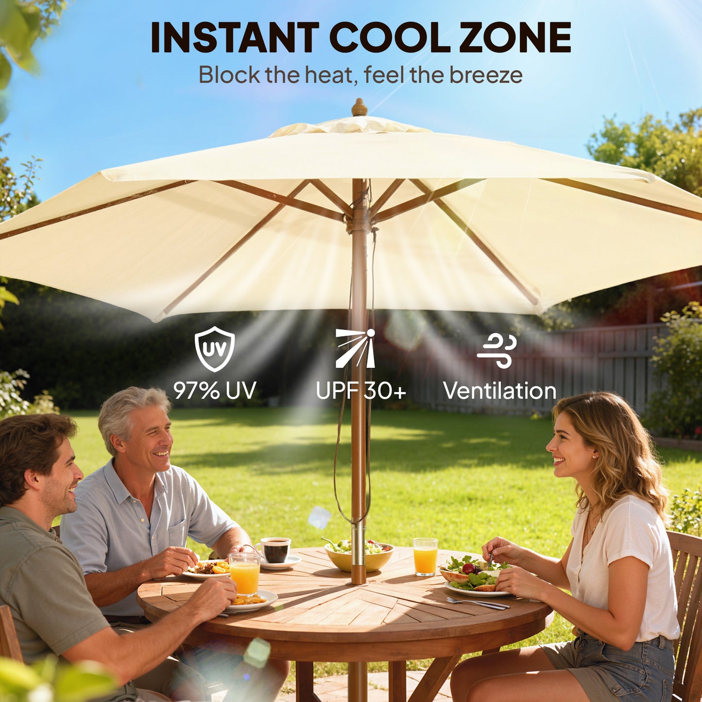 8FT Wood Market Umbrella Patio Umbrella Round Garden Parasol Canopy with Bamboo Ribs and Top Vent, Cream White