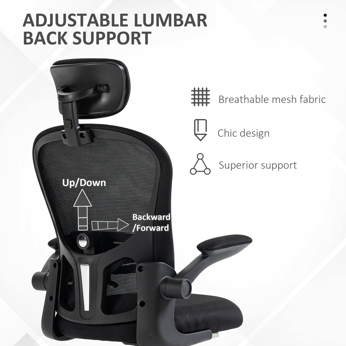 Office Chair, Mesh Computer Desk Chair with Adjustable Headrest, 4D Lumbar Support, Flip-up Arm, Black