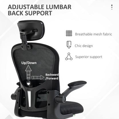 Office Chair, Mesh Computer Desk Chair with Adjustable Headrest, 4D Lumbar Support, Flip-up Arm, Black