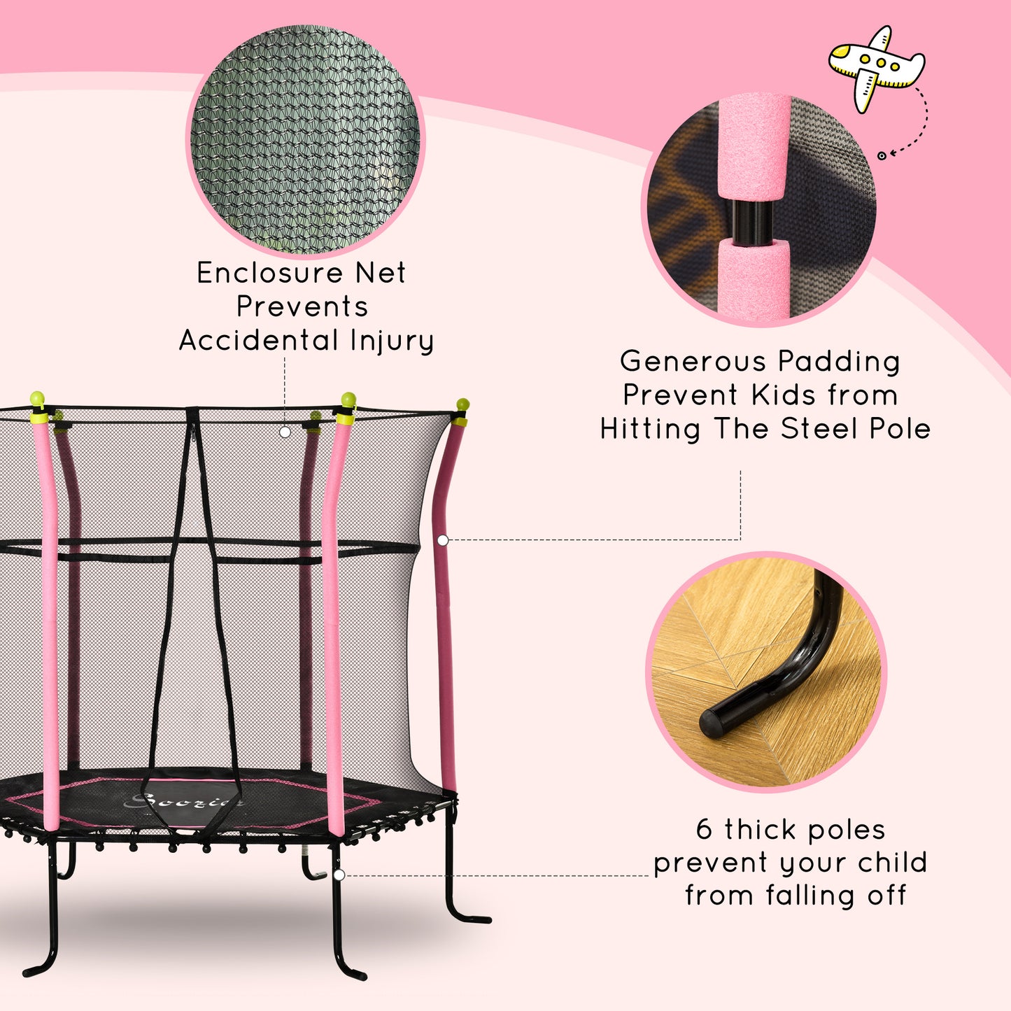 Soozier 63" Kids Trampoline Mini Indoor Bouncer Jumper with Enclosure Net Elastic Thick Padded Pole Gift for Child Toddler Age 3-6 Years Old Pink