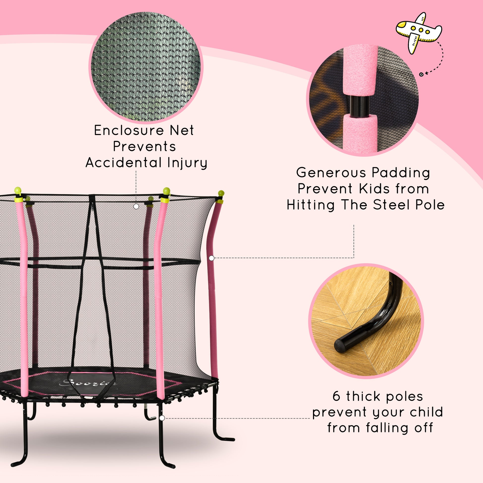 Soozier 63" Kids Trampoline Mini Indoor Bouncer Jumper with Enclosure Net Elastic Thick Padded Pole Gift for Child Toddler Age 3-6 Years Old Pink