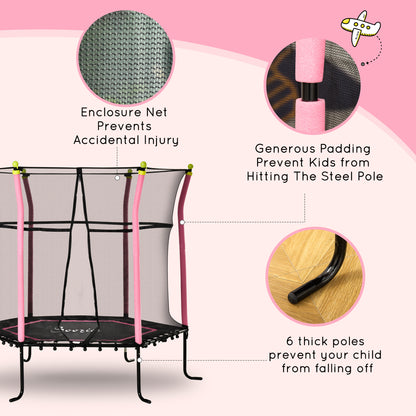 Soozier 63" Kids Trampoline Mini Indoor Bouncer Jumper with Enclosure Net Elastic Thick Padded Pole Gift for Child Toddler Age 3-6 Years Old Pink